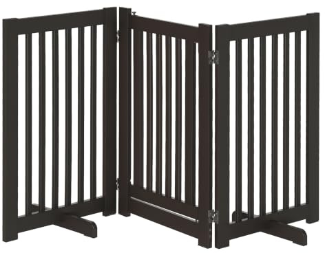 PawHut Barrera para Perros de Madera 155x76 cm Valla para Mascotas Plegable de 3 Paneles con 1 Puerta y Patas de Apoyo para Pasillo Escalera Café