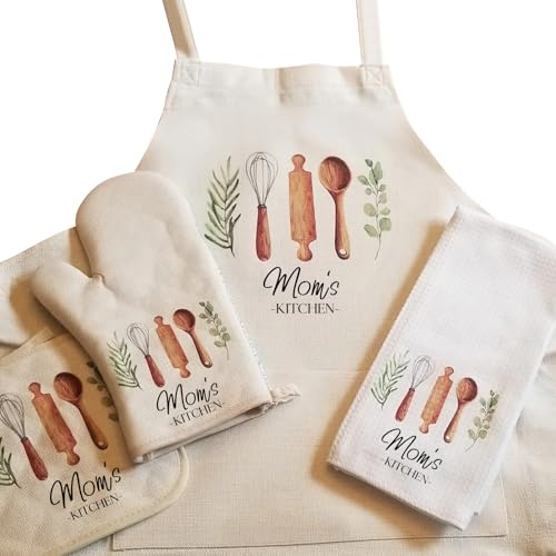 Personalisiertes Küchenschürzen-Set, Leinenschürze, Topflappen, Ofenhandschuhe, Baumwoll-Geschirrtuch, personalisierter Name, Unisex-Schürze für Erwachsene, handgefertigte Schürze für Mama, Papa, Ehef