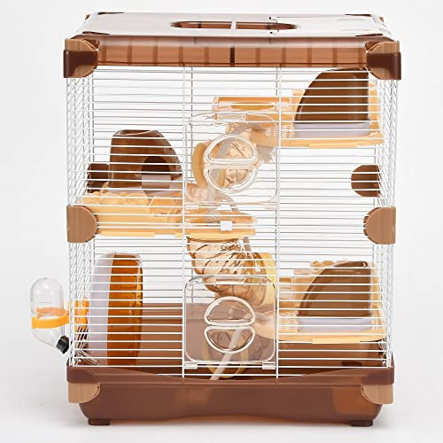 Hamsterkäfig, 3 Ebenen, braun, geräumiges Tablett, leicht zu reinigen, atmungsaktiv, leicht zu reinigen, Größe 36 cm (B) x 26 cm (L) x 42 cm (H), geeignet für kleine Hamster unter 7,6 cm