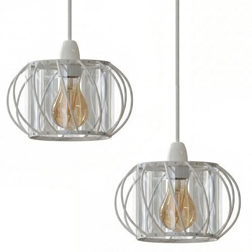 2 Pcs White Crystal Glass Light Shade (Height 10 cm, Width 16cm) with Bulb | White Wire Cage Crystal Shade Easy Fit Hanging Ceiling Pendant Light for Hallway Dining (White)