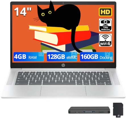 HP Computer portatile Chromebook HD antiriflesso da 14, processore Intel N200, LPDDR5 da 4 GB, memoria da 288 GB (128 GB eMMC + set docking station da 160 GB), grafica Intel UHD, Wi-Fi 6, webcam,