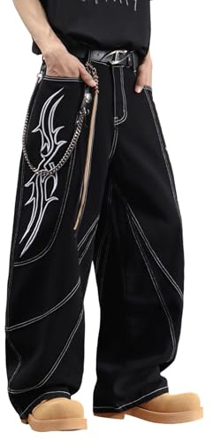 DFGIGT Jean Baggy brodé Hip-hop pour Homme Coupe Ample Denim Noir Pantalon, F10 Noir, Taille XS