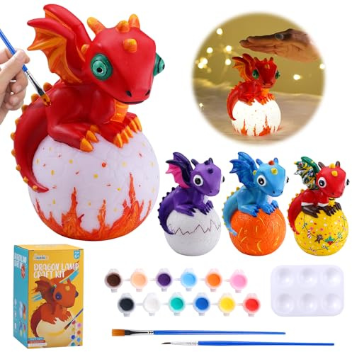 JMMICO Paint Your Own Dragon Lamp Craft Kit, Painting Kits for Kids Age 4-8 | DIY Dragon Craft Night Light with 12 Colors Paint, Arts and Crafts for Kids Ages 6-14, Pat-pat Drawing Toys, Birthday Gift