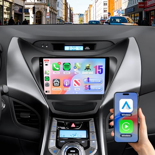 5Ghz WiFi 4G+64G Android 15 Car Radio for Hyundai Elantra 2011 2012 2013 Car Stereo with Wireless Carplay/Android Auto, 9 Inch HD Touchscreen with GPS Bluetooth5.0 FM/RDS EQ SWC Backup Camera MIC
