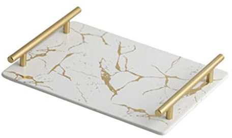 Plateau de service en marbre avec poignée facile à nettoyer pour la décoration de la maison, du salon, blanc