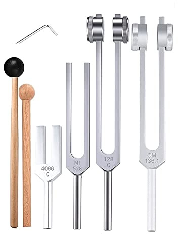 AWAOVV 4 StüCke Stimmgabel Set (128 Hz, 136,1 Hz, MI 528 Hz, 4096 Hz), für die Heilung Von Chakra, Klangtherapie, Stressabbau