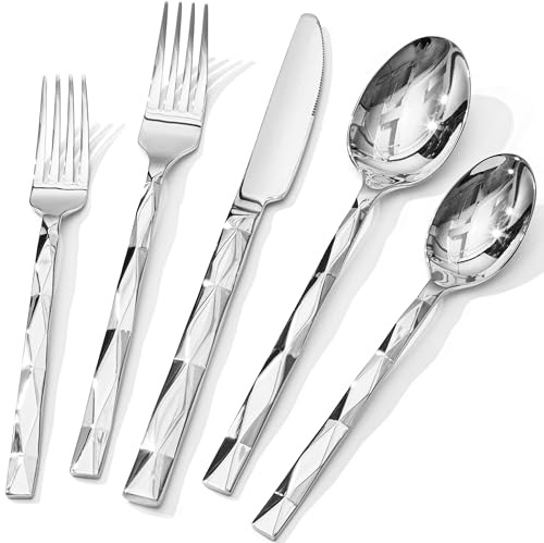 HIKAA 18/10 Edelstahl Besteck Set 6 Personen, Luxuriöses 30-Teiliges | Essbesteck mit Diamantschliffmuster für Haushalt, Hochzeit, Party, Cutlery Set Hochglanzpoliert und Spülmaschinenfest