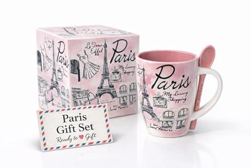 Générique Mug Souvenir de Paris rose tour Eiffel – Tasse en Céramique 320 ml avec Cuillère dans Coffret Prêt à Offrir – Cadeau Original pour Femme, Idée Cadeau Romantique pour Café, Thé, Chocolat