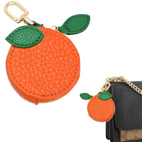 Dainty Fruit Charm Coin Purse, Cute Leather Fruit Bag Accessory, Waterproof Orange Coin Purse for Girls Women, Keyring, Mini Charm Wallet, Orange Keychain