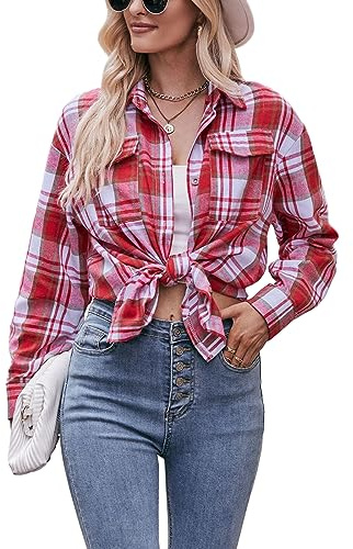 LYSINK Oversized Checked Shirts for Women Fall Long Sleeve Lapel Collar Button Down Plaid Shirts Gingham Work Tops (1-A Red, S)