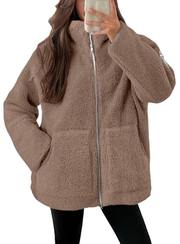 Teddyjacke Damen Fleecejacke Warme Dicke Freizeit Zwei-Wege Reißverschluss Winterjacke Einfarbig Teddyfleece Teddy Jacke mit Taschen und Reißverschluss Wintermantel Winterjacke 2025 Plüschjacke
