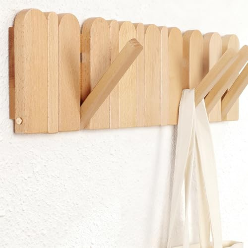 Garderobenleiste Buche Natur mit 8 Haken: klappbar skandinavisch helles Design Wandgarderobe 55 cm Holzleiste für Flur, Bad, Diele