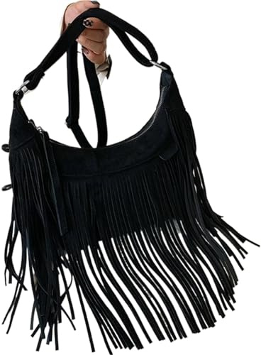 LYHYDMA Fransväska Tofs Crossbody Väska Vintage Tofs Handväska för daglig, Svart, En Storlek