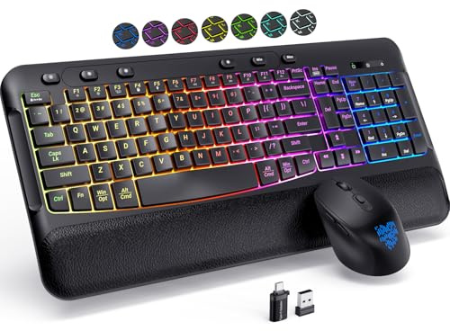 COLIKES Wireless Keyboard and Mouse Combo, Ergonomic Wave, 9 RGB Backlit Effects, Leather Wrist Rest, Rechargeable 2.4G USB Silent Set for Computer/Windows/Mac, Black