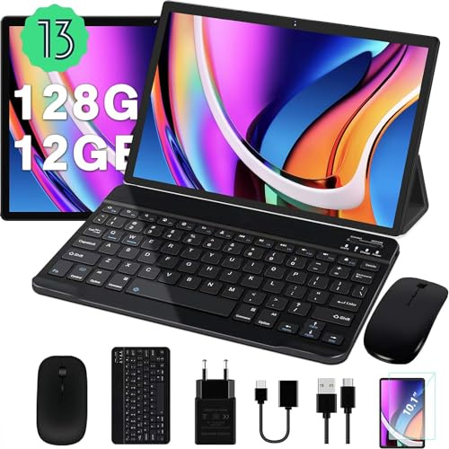 Dghrti Tablet Android, 12GB RAM, 128GB ROM (expandable up to 1TB), 8000mAh, Widevine L1, BT5.0, with Mouse,Protective cover - Gray