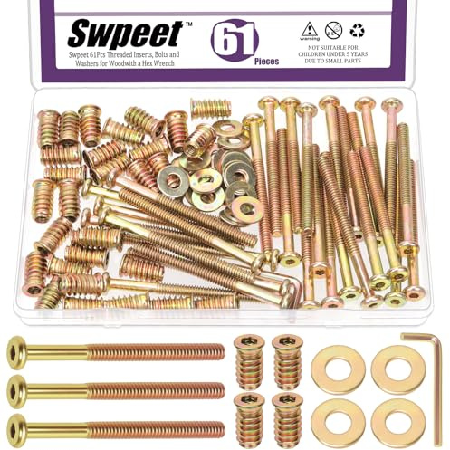 Swpeet 20 Sets 1/4-20 Color Zinc Plated Threaded Inserts and Bolts Washers Kit, 1/4-20×75mm Flat Head Hex Socket Furniture Bolts for Woodworking, Hex Drive, Allen Wrench, Total 61Pcs