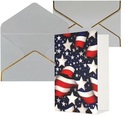 Longzehao Cartes de vœux imprimées avec drapeau américain, étoiles, rayures, intérieur vierge, avec enveloppe, adaptées pour la famille et les amis