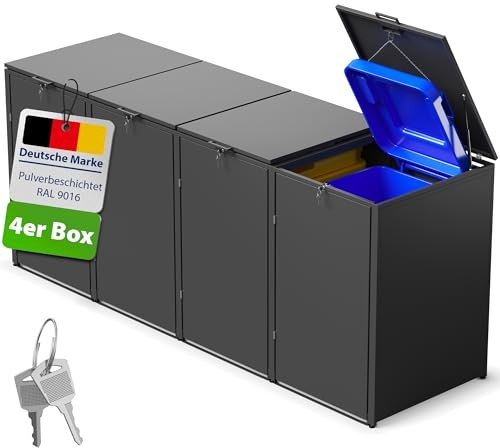 Gartenzeit® Mülltonnenbox aus Metall RAL 7016 – 3er/4er Mülltonnenhaus, abschließbar, wetterfest, mit Gasdruckfedern & belüftet – stabile Mülltonnenverkleidung für 120–240 L Tonnen