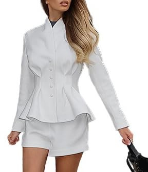 MLSHWUG Dam Retro 2-delad Vit Kostym med Volanger, Midjesnörd, Långärmad Kavaj och Kortbyxor,White,L