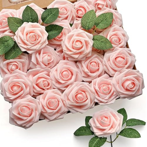 Konstgjorda rosor, 50 dekorativa blommor med stjälkar, Champagne rosa