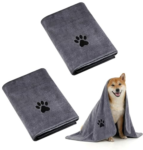 YDAKGUEY 2 stycken hundhanddukar, hundhandduk 75 x 35 cm, hundhandduk extra absorberande och mjuk snabbtorkande mikrofiber, handduk hund för katter, hundar eller andra husdjur, grå