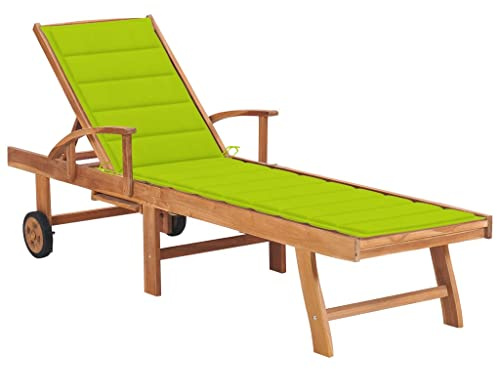 GeenYuu Sonnenliege Gartenliege aus Teakholz mit hellgrüner Auflage, verstellbare Rückenlehne in 4 Positionen, Rollliege mit Lattenrost für Terrasse Balkon Pool