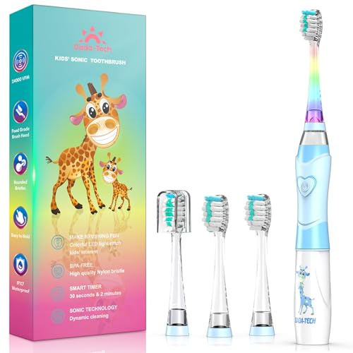 Elektrische Zahnbürste Kinder ab 3-6-8-12 Jahre mit buntem Regenbogen-LED-Licht Integrierter Timer 90% abgerundeten Borsten Schallzahnbürste für Kleinkind (Kind Blau)