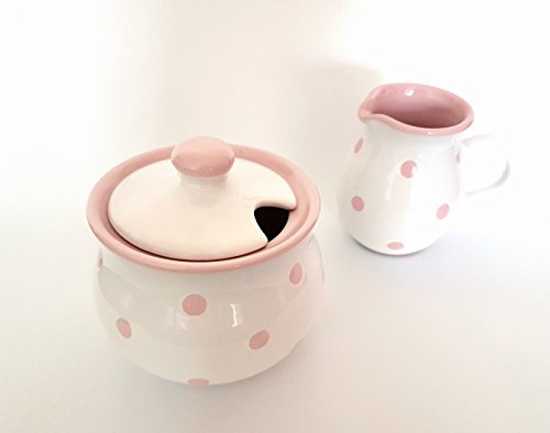 UNGARNIKAT Juego de azúcar y leche, jarra de leche blanca y azucarero con lunares rosas pintados a mano, azucarero con tapa, jarra de cerámica para nata apta para lavavajillas.