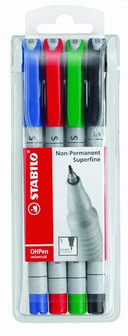 STABILO® OH-Stift OHPen universal, S, Einweg, non-permanent, Rundspitze, 0,4 mm, Schaftfarbe: grau, Schreibfarbe: 4er sortiert (4 Stück), Sie erhalten 5 Packungen á 4 Stück