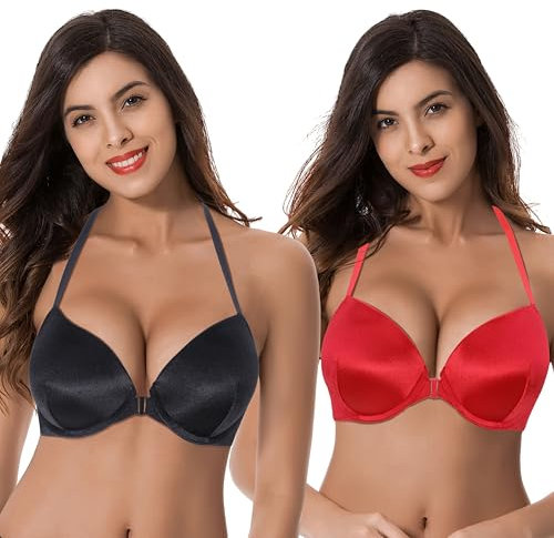Curve Muse Women Push Up Add 1 and a Half Cup Underwire Halter Front Close Bras -2PK-Black,Red-40D (EU:90D)