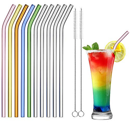 ecooe Pailles en Verre, Incurvé Pailles Réutilisables Sans BPA,10 Transparentes Pailles à Boire Coloré Φ0.8*21.5cm+2 Brosses de Nettoyage, Respectueux de L'environnement, Pour Smoothie, Cocktail, Jus