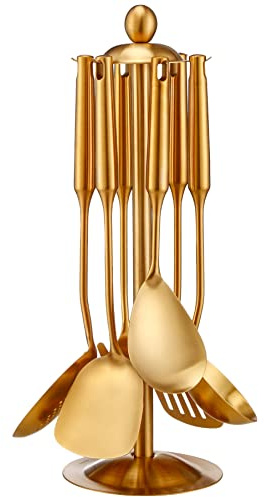 Gold Kitchen Utensils Set with Stand – 7 Piece 304 Stainless Steel Brass Cooking Tools with Rotating Holder, Spatula, Slotted Turner, Ladle, Skimmer, Pasta Server, Large Rice Spoon