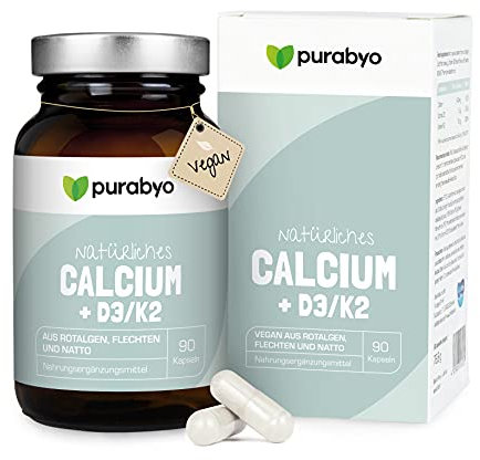 Calcium mit Vitamin D3/K2 | im Glas | Hochdosiert 640 mg | Aquamin natural Calcium aus Rotalgen | natürliches Kalzium | Calcium hochdosiert | vegan, laborgeprüft und in Deutschland hergestellt
