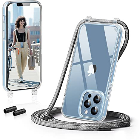 GOODVISH Handykette für iPhone 13 Pro Hülle mit Band, Silber | Kameraschutz und Bildschirmschutz, Transparent Necklace Handyhülle Schutzhülle für Umhängen Case mit Kordel 6.1