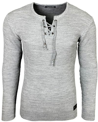 Subliminal Mode - Jersey de punto para hombre, con cuello en V, con cordones, estilo básico de corte ajustado, jersey de punto de invierno, manga larga, idea de regalo BX52132, gris claro, XXL
