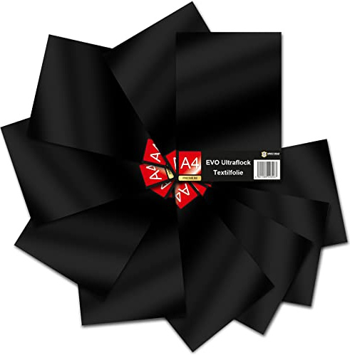 Evo Ultraflock Textilfolie für Plotter 33 Farben Flockfolie im Din A4 Format 30x20cm Plotterfolie für Stoff Kleidung T-Shirt Flock Folie Zubehör (10er Set, 000 Schwarz)