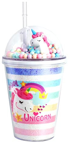Forreen Cup with Straw and Lid for Kids Adults, 380ml Cold Cups Reusable Creative Double Wall Cute Unicorn Design Plastic Iced Coffee Cup for Coffee, Juice, Cocktail, Mixed Drinks