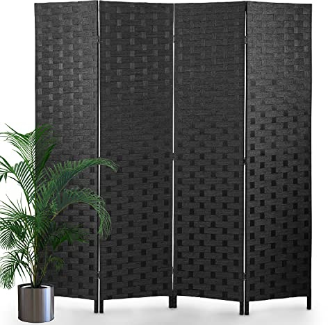Room Divider,4 Panels 6FT Folding Privacy Screen Room Divider Wall Wood Mesh Hand-Woven Design Freestanding Partition Portable Wall for Home Office Bedroom(Black)
