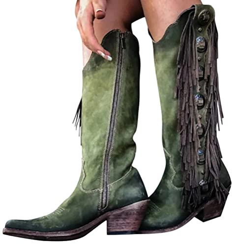 Minetom Damen Quaste Stiefel Mit Absatz Fransenstiefel Wildleder Absätze Fransen Warm Cowboy Stiefel Lange Schuhe Boots Winterschuhe Langschaft Stiefel A Grün 39 EU