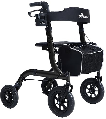 Rollator Faltbar mit Sitzpolster, Einkaufstasche & Stockhalter – Höhenverstellbar, Leicht & Schmal für Senioren – Gehwagen mit Bremse, 10/8 All-Terrain Räder, Aluminium, Schwarz