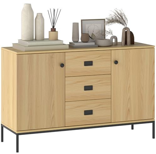 HOMCOM Buffet de Cuisine 2 Placards 3 Tiroirs 120 x 39,5 x 77 cm Naturel