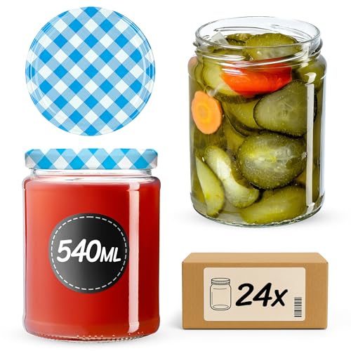 KADAX Konservengläser 540 ml, 24er Set, Rundgläser mit Schraubdeckel Motiv „Blau kariert“ – Einmachgläser zum Einlegen, Einkochen oder Aufbewahren von Marmelade, Obst und Gemüse
