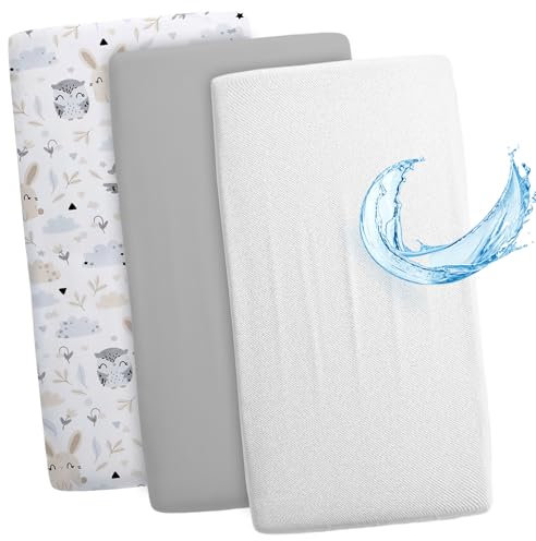 Sábanas Ajustables para Cochecito de bebé Juego de 3: 50x83 cm - 2 sábanas + 1 Protector de colchón Impermeable - Accesorios para Cuna de bebé y minicuna 50 x 83