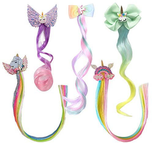 5 stück Mädchenperücke Haarnadel, Regenbogen-Pferdehaar-Accessoires, bonbonfarbenes Haarteil, Farbverlauf Haarverlängerungsclip, süße Prinzessin Haarnadel, für Partys und tägliche Kostüme