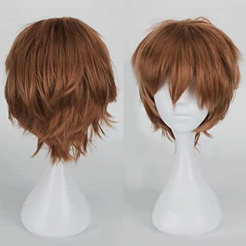 Cybelleza Anime Kort Brun Cosplay Peruk för Kvinnor Män - Halloween, Karneval, Kostym Party - Syntetisk Vågig Slät med Gratis Mössa, Ljusbrun