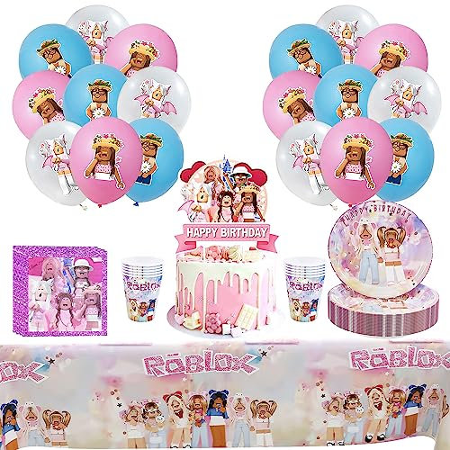 Partygeschirr 60 Stück, Party Decoration Mädchen, Ballons Geburtstag Rosa, Tellern, Tassen, Servietten, Tischtüchern, Torte