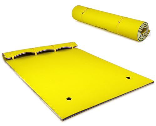 GYMAX Floating Water Mat, Water Lounger Swim Platform (Yellow) | with Pillow Design, Storage Straps and 3-Layer Tear-resistant XPE Foam, Roll-Up Floating Island for Relaxing & Recreation
