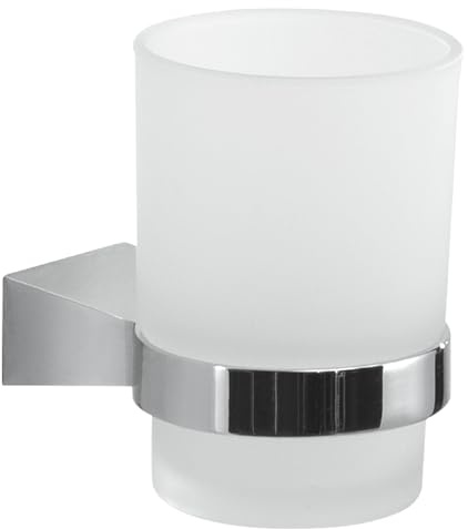GEDY | Porta Spazzolino Tonale, Bicchiere Porta Spazzolino in Acciaio Inox, Cromall e Vetro Satinato, Fissaggio con Viti Incluse, Cromato, 9,5x6,7x9,5cm