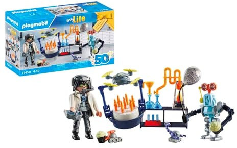 PLAYMOBIL myLife 71450 Forscher mit Robotern, Wissenschaftsparty im Labor, inklusive Drohne, Roboter und innovativem Zubehör, nachhaltiges Spielzeug für Kinder ab 4 Jahren