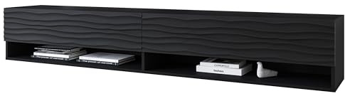 Muebles Slavic Meuble TV 180 cm noir ondulé avec éclairage LED en option, deux étagères, support TV suspendu